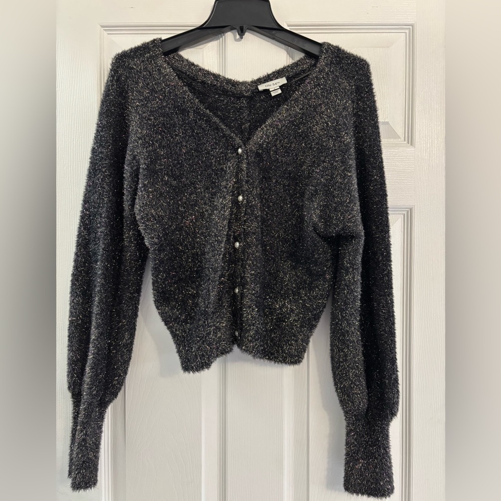 Chic Black Cardigan with Pearl Accents